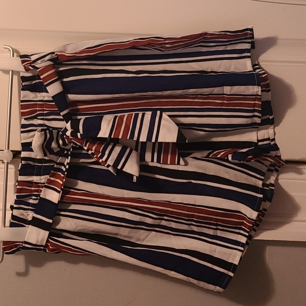 Striped Paper bag Waist Belted shorts